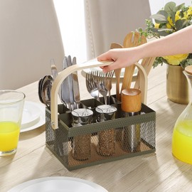 SunnyPoint Utensil Caddy with Plywood Handle – Metal Mesh Silverware & Cutlery Organizer for Kitchen, Picnic, Party, Restaurant & Events (ARMY)