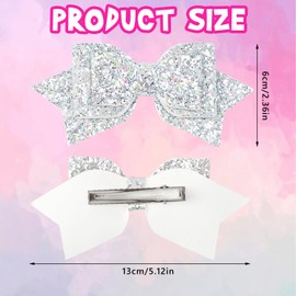 Maxqzin 2 Pcs 5 Inch Bow Hair Clips, Bow Clips Sparkling Cute Silver White Cheer Bows for Girls Teens Birthday New Year Wedding Party Dress Outfit Decor Accessories