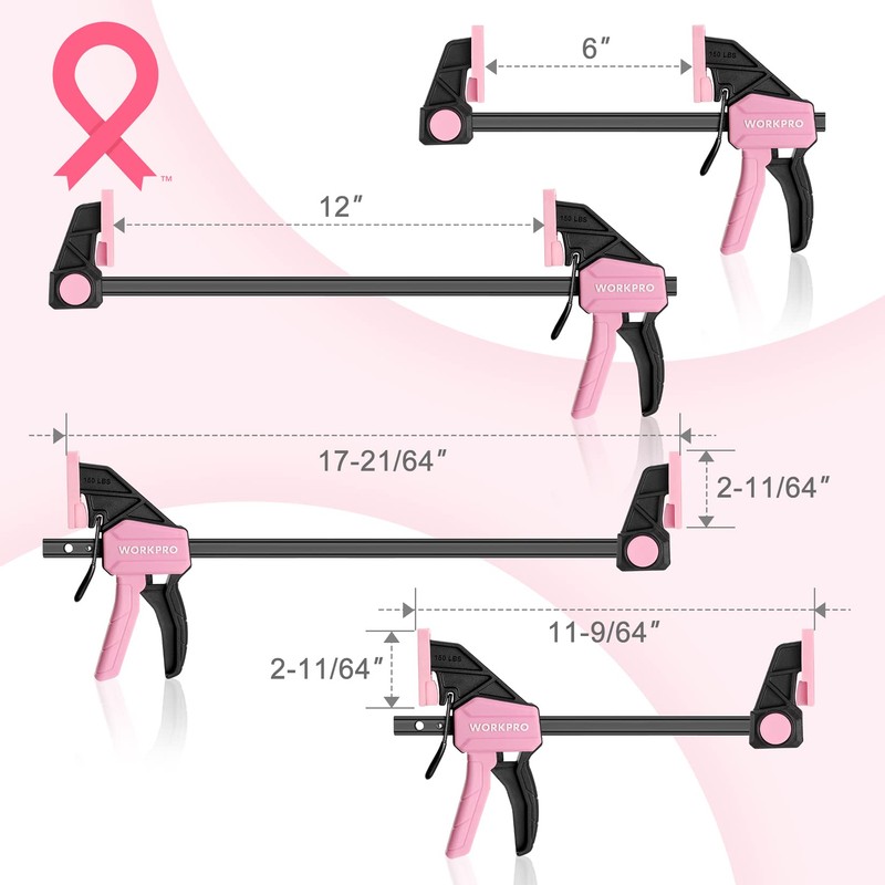 WORKPRO Bar Clamps for Woodworking, 6-Pack One-Handed Clamp/Spreader, 4PC 6"