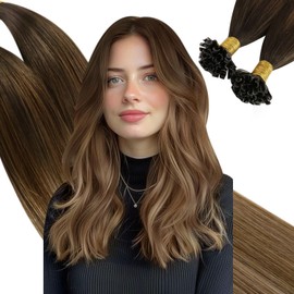 Ugeat Dark Brown Utip Hair Extensions Human Hair Balayage Dark Brown to Golden Brown Mix Golden Blonde K Tip Hair Extensions Real Human Hair 14inch Pre Bonded Hair for Women 50S 50G