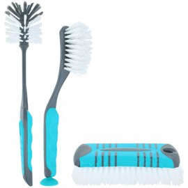 com-four® 3-Piece Washing Up Brushes and Scrubbing Brush Set - Dish Brush with Suction Cup - Round Scrubbing Brush for Tableware - Long Scrubbing Brush for Floor and Walls