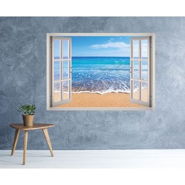 Island Beach View Window 3D Wall Decal Art Removable Wallpaper Mural Sticker Vinyl Home Decor West Mountain™ W07 (Medium (32''W x 23''H))