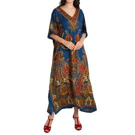 Miss Lavish London Teal Kaftan Dresses for Women - Versatile Beach Coverups Plus Size African Dubai & Moroccan Kaftans - Ideal for Loungewear & Swimwear Modern Caftans Long Dresses (102-Teal L)