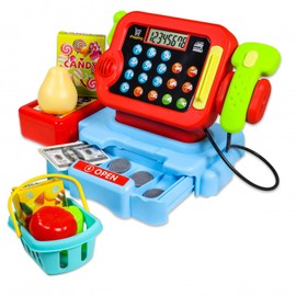 Kidplokio Red Touch Pad Cash Register for Kids with Play Food Microphone, Boys Ages 3+