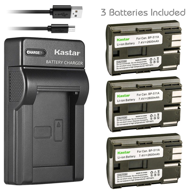 Kastar BP-511 Battery or Slim USB Charger for Canon Optura