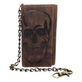 RFID Blocking Mens Tri-fold Long Style Crazy Horse Leather Steel Chain Wallet, (Skull Brown)