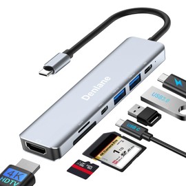 Denlane USB C Hub Multiport Adapter, 7 in 1 USBC Dongle with 4K HDMI, USB 3.0, USB-C Docking Station for Mac, MacBook Air/Pro with SD Card Reader & Charging, USB Hub for Type C Laptop/Tablet/Phone