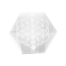 NKlaus Selenite Plate with Chakra Engraving - 10 x 9 cm Hexagon for Crystal Energising & Meditation, Flower of Life, Energetic Cleansing, Esoteric Altar Stone 16596