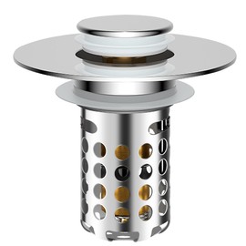 Bathroom Sink Stopper with Pop Up Design, Universal Sink Drain Strainer with Removable Stainless Steel Basket, Brass Core, Chrome, Anti-Clog Sink Drain Stopper for Hair & Debris, Fits 1.1-2.36" Basin