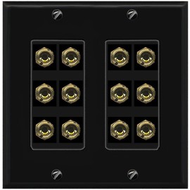 RiteAV 12 Banana 6 Speaker Surround Female Coupler Decorative Wall Plate - 2 Gang [Black/Black]