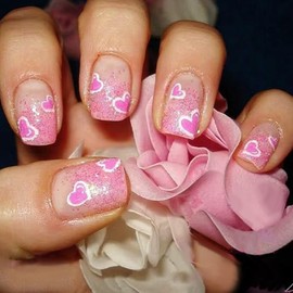 Valentine's Day Press on Nails French Tip Fake Nails Medium Square False Nails with Glitter Pink Love Heart Patterns Glossy Acrylic Nails Full Cover Stick on Nails for Women Nail Decor 24 PCS