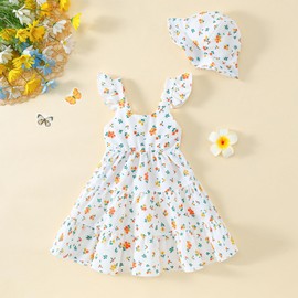 Jeinxcn Toddler Baby Girl Dress Summer Clothes Little Girls Ruffle Sleeveless Dresses Kids Beach Sundress with Hat 4-5T White