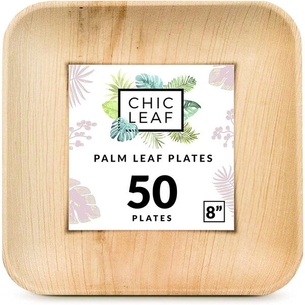Chic Leaf Palm Leaf Plates Bamboo Plates Disposable 8 Inch Square (50 Pc) Party Pack Compostable and Biodegradable Eco Friendly - Stronger than Plastic and Paper Plates