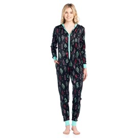 Ashford & Brooks Women's Fleece Hooded One Piece Pajama - Black Turquoise Feather - Medium