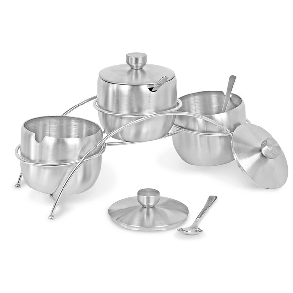 Internet's Best Condiment Serving Bowls with Stand - Set of 3 - Catering Hosting Serving Dish Set with Lids and Spoons - Stainless Steel