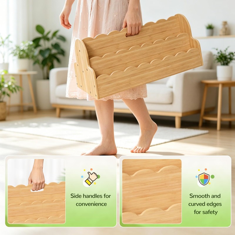 Bamboo Kids Bookshelf with Handles, 4-Tier Double-Sided