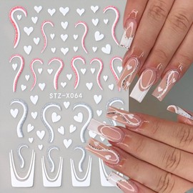 6 Sheets Valentines Nail Stickers for Nail Art,3D Self-Adhesive Heart Nail Art Stickers,Red Black White Glitter Heart Love Lines French Nail Design Decals for Women DIY Valentine Manicure Accessories