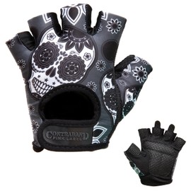 Contraband Pink Label 5237 Womens Design Series Sugar Skull Lifting Gloves (Pair) - Lightweight Vegan Medium Padded Microfiber Amara Leather w/Griplock Silicone