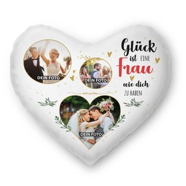 PR Print Royal Heart Cushion Design Yourself - with 3 Photos Print - Glück ist eine Frau wie Dich zu haben - Gift Valentine's Day Birthday Christmas - Heart Photo Cushion with Filling 40 x 44 cm