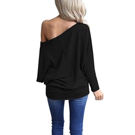 Poetsky Off Shoulder Shirts for Women Dolman Long Sleeve Tops Oversized Blouse Pullover Black L