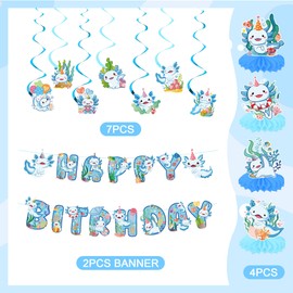 MOIZYNG Axolotl Birthday Party Decorations, 13PCS Blue Cute Animals Happy Birthday Banners, Hanging Swirls, and Honeycomb Centerpieces for Boys Girls Kids Axolotl Party Supplies Favors