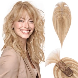 TESS Real Hair Toppers for Women Handmade Lace Base Womens Clip In Hairpieces with Bangs 5 Clips Natural Coverage Soft and Secure 2×6", Brown to Platinum Blonde