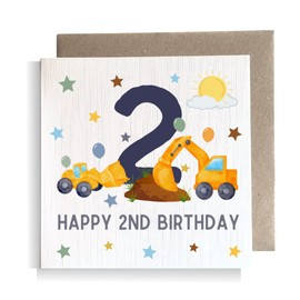 Second Ave 2nd Birthday Age 2 Children's Kids Baby Digger Square Card For Boy or Girl Birthday