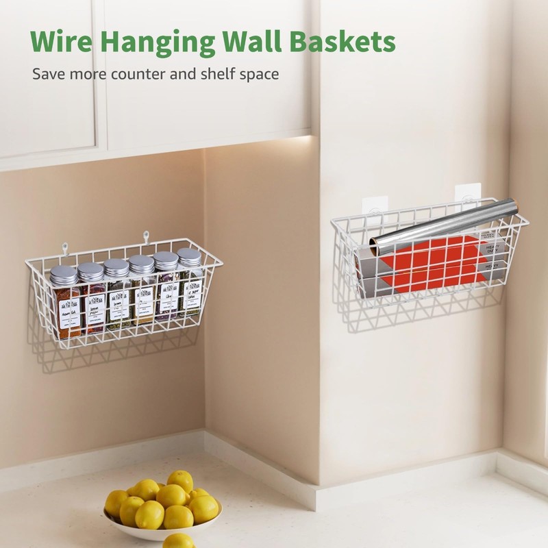 4PCS Hanging Wall Basket Wire Storage Baskets, White Wire Basket