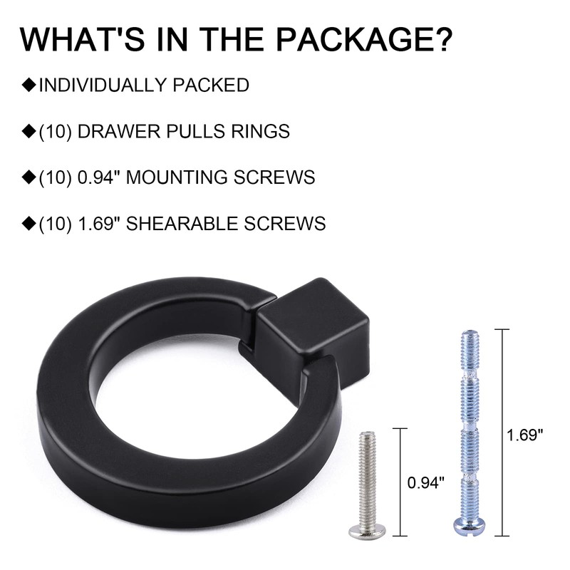 WEAVERBIRD Cabinet Knobs Flat Black Round Zinc Alloy Ring Pull