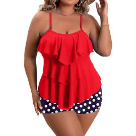 B2prity Women Plus Size Tankini Swimsuits Tummy Control Two Piece Bathing Suit Ruffled Flounce Swimwear with Shorts(Red)