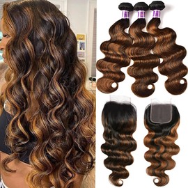 UNICE Brown Highlight Body Wave Human Hair 3 Bundles with 4x4 lace closure Free Part, Brazilian Remy Hair Ombre Human Hair Wavy Weaves FB30 Color 14 14 16+14 Closure