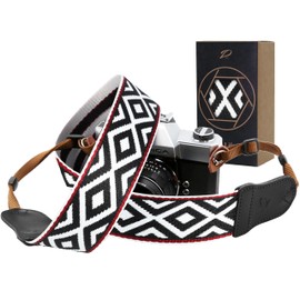 Padwa Lifestyle Camera Strap - 2 Inch Cowhide Head Camera Strap for Photographers, Vintage Jacquard Embroidery Woven Cotton Adjustable Shoulder Neck Strap for Cameras, Binoculars - White Rhombus