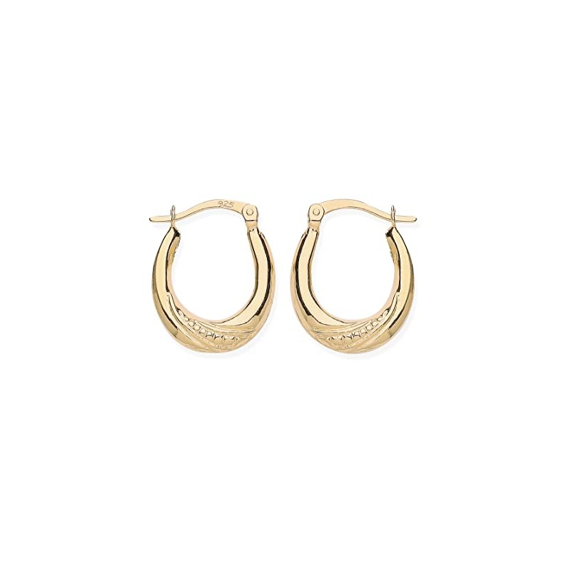 9ct Gold on Silver Oval Creole Hoop Earrings - Patterned
