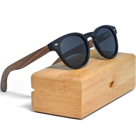 Womens and Mens Sunglasses Round Polarized Black Lenses with Real Walnut Wood Legs - Bamboo Box