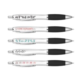 DV DESIGN 5 x Elephants Black Pens - Safari Zoo Animals Cartoon Funny Pun Stationary School Equipment Fan Teacher Friend Girls Boys Birthday Set #81277