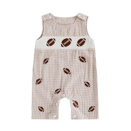 Baby Boy Football Embroidered Overalls Plaid Smocked Sleeveless Shorts Jumpsuit Cute Summer Clothes (Football Rugby Khaki, 6-12 Months)
