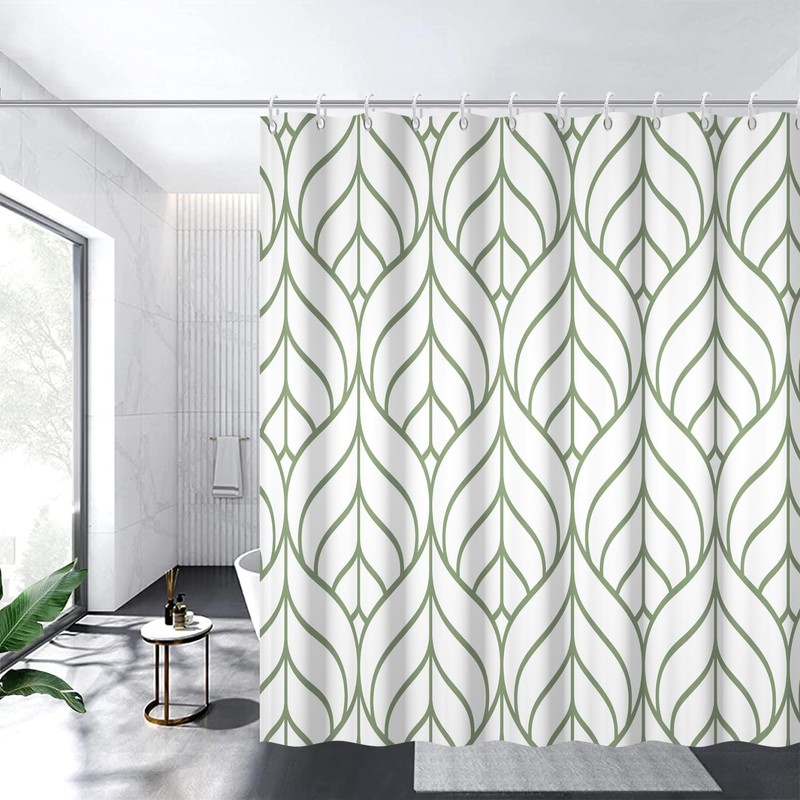 Ruelvth Green and White Shower Curtain, Modern Aesthetic Sage Green