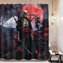 Mitpok Japanese Anime Shower Curtain 72Wx72H Asian Samurai Gothic Skull Skeleton Black Red Spooky Cool Bathroom Decor Vintage Mountain Sun Nature Landscape Bath Curtain Fabric Polyester 12 Pack Hooks