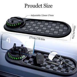 Multifunction Car Anti-Slip Mat,Rotatable Car Anti Slip Mat Phone Holder with Temporary Parking Number,Universal Car Phone Large Pad for Phones Sunglasses Keys Gadgets(Brown+Gold Bracket)