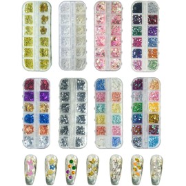 8 Boxes 3D Nail Charms Kit Rhinestones Colorful Crystals Clear Multi Shape Half Round Pearls Butterfly Diamond White Pink Craft Supplies DIY Accessories