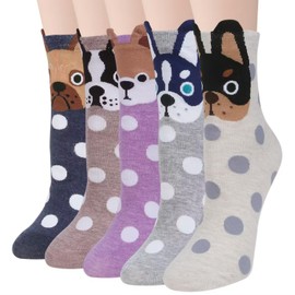 Chalier Women's 5 Pairs Cute Dog Patterned Animal Colorful Funny Casual Cotton Novelty Crew Christmas Socks, Gray, One Size