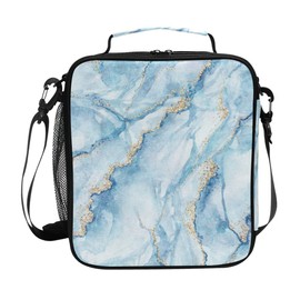 Lunch Bags for Boys Girls Student, Sky Blue Marble with Gold Reusable Insulated Lunch Cooler Bag Thermal Meal Tote Kit, Lunch Box Organizer with Adjustable Shoulder Strap
