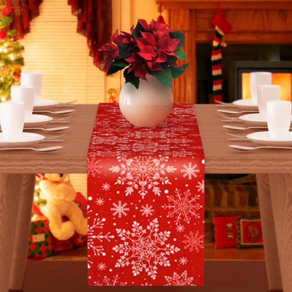 ROELLY Christmas Table Runner, Snowflake Red Christmas Table Runner, Washable