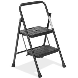 DUMOS 2/3 Step Ladder, Portable Folding Step Stool with Wide Anti-Slip Pedal, 800lbs - Black, 2-Step