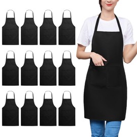 TRENDBOX Total 12 PCS Black Color (Medium Size) Bib Apron Adult Women Unisex for Waist size 30" to 42" Durable Comfortable with Front Pocket Washable For Cooking Baking Kitchen Restaurant crafting