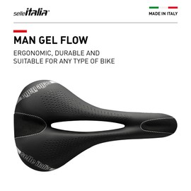 Selle Italia - Man Gel Flow, Soft Gel Bicycle Saddle with a Wide Seat with Anti-Vibration Technology and a Manganese Rail, Water Resistant - Black - L2