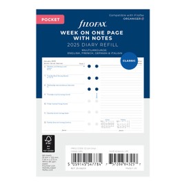 Filofax Calendar Diary Refill, Pocket Size, Week on One Page with Notes, White Paper, Multilingual: Four Languages, 2025 (C68209-25)
