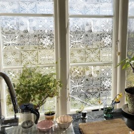 ChicSkin Etched Glass Window Privacy Film Decorative Moroccan Glass Decor, Thickened Vintage Window Film Tile Pattern Cling for Utility Room, Frost Square Classic 22.83"X75.98"