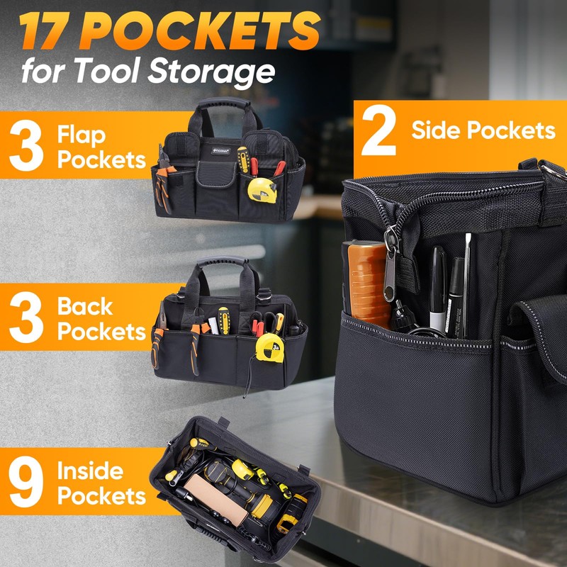 TICONN Heavy Duty Tool Bag with Multi-Pockets, Portable Tool Box