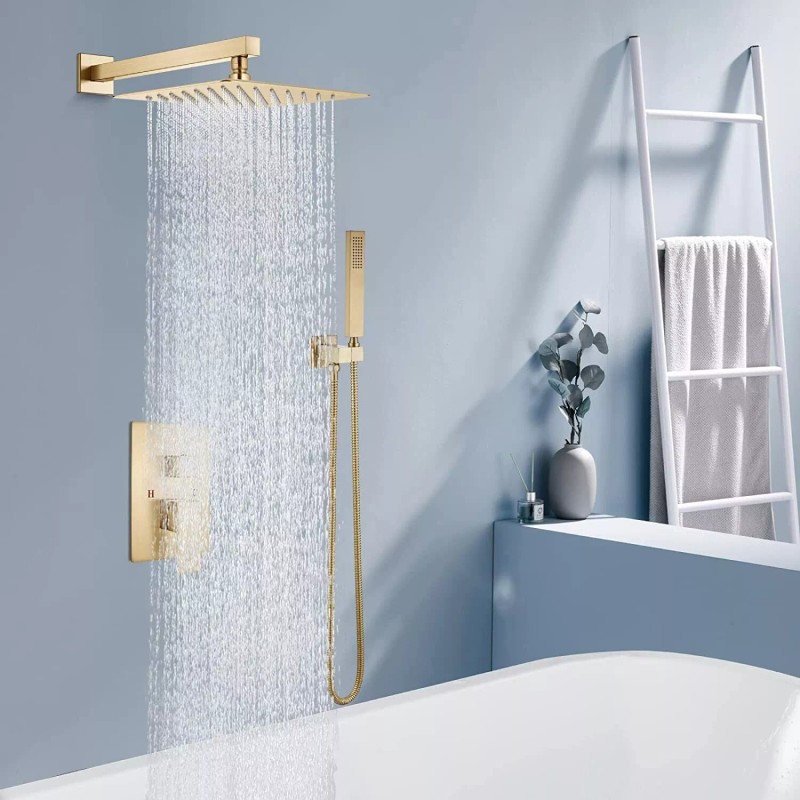 BWE Brushed Gold Shower Faucet System 12" Rain Combo Head